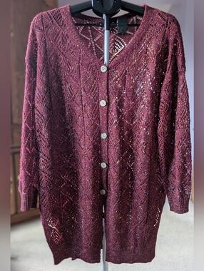 Womens Burgundy Open-Knit Button Cardigan Sweater
